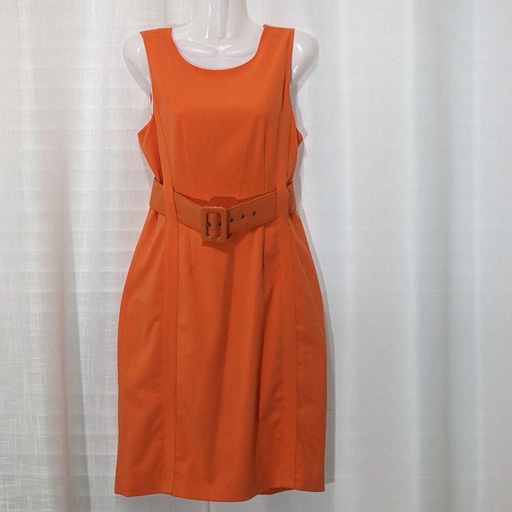 CALVIN KLEIN Belted Knee Lenght Sheath Dress Size 8 Orange